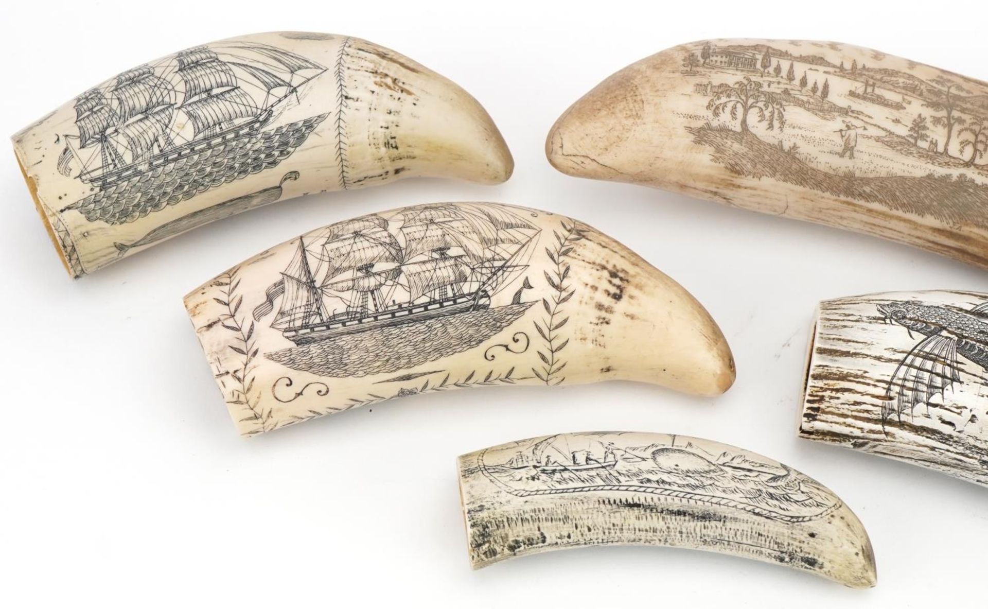 Six scrimshaw style decorative tusks decorated with figures and ships, the largest 16cm high - Image 9 of 14
