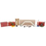 Five Hornby O gauge tinplate model railway signals and accessories with boxes including two platform