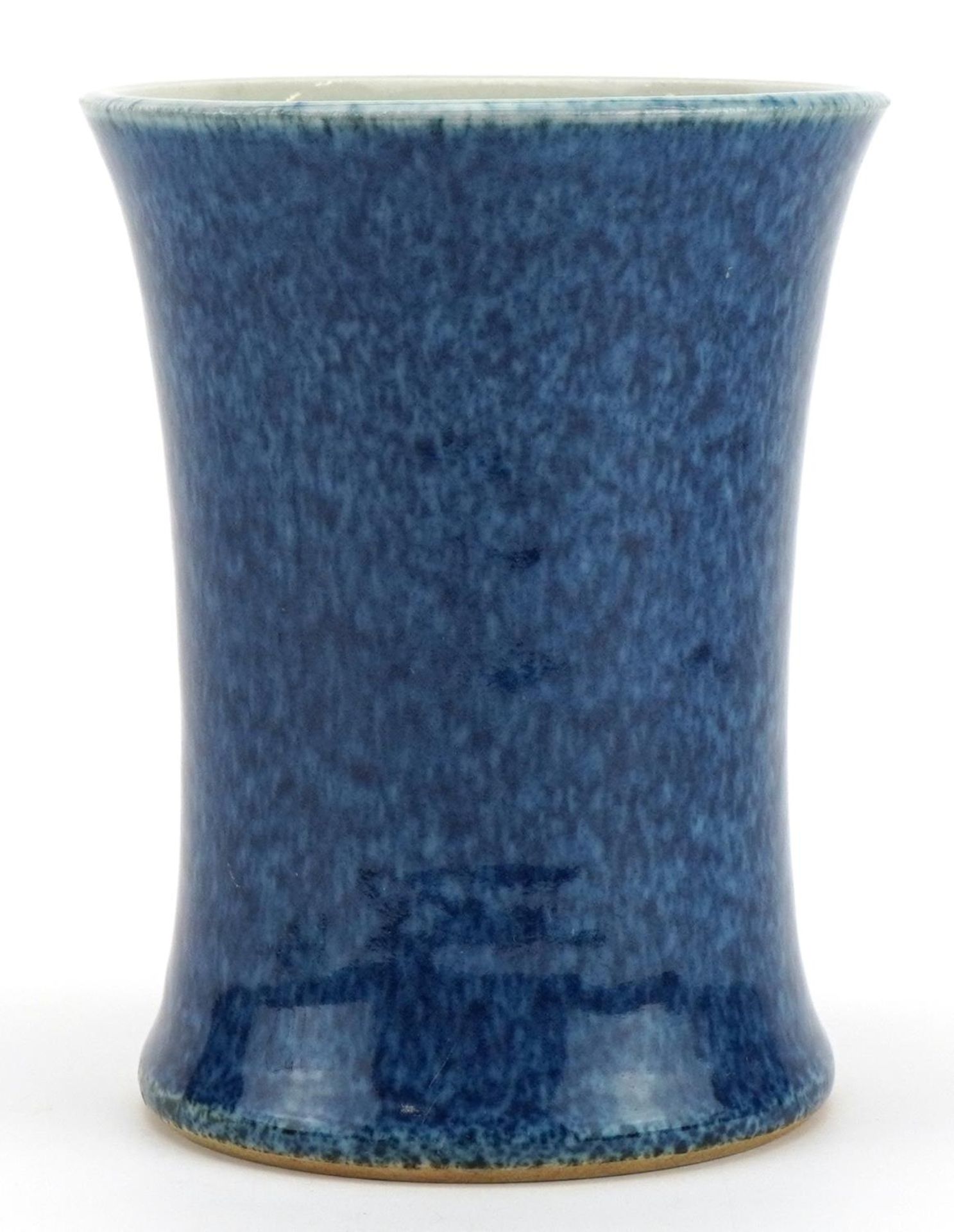 Chinese porcelain brush pot with waisted body having a powder blue glaze, 15cm high - Image 2 of 3