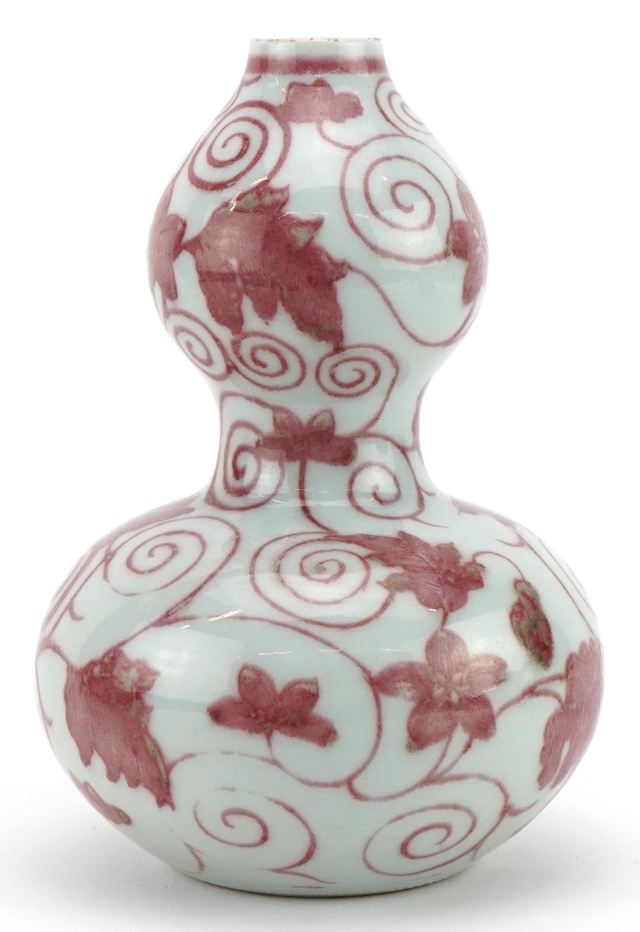 Chinese porcelain iron red double gourd vase hand painted with flowers amongst scrolling foliage, - Image 3 of 6