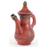 Turkish Tophane terracotta coffee pot with gilt decoration, 21cm high