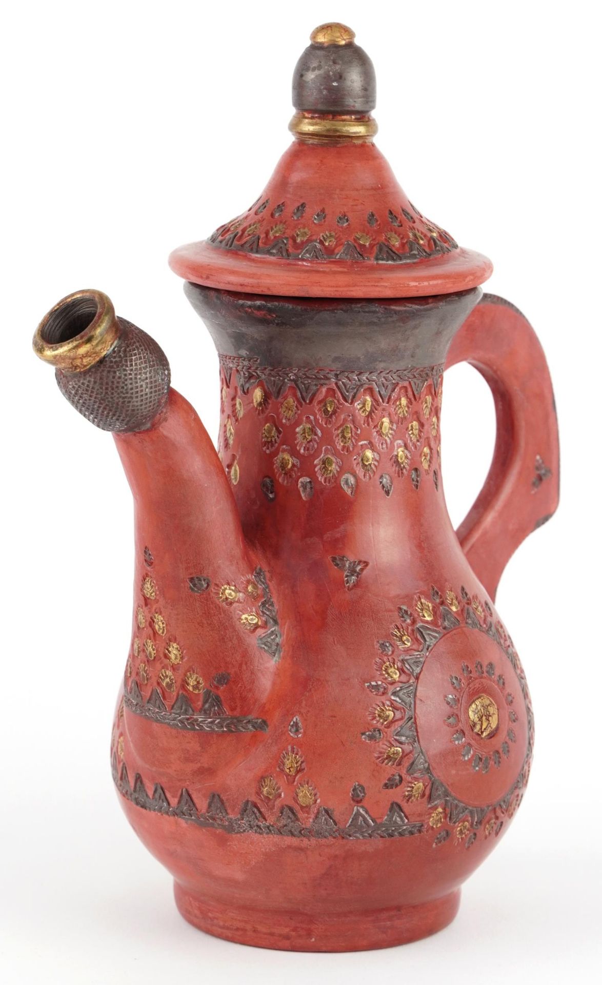 Turkish Tophane terracotta coffee pot with gilt decoration, 21cm high