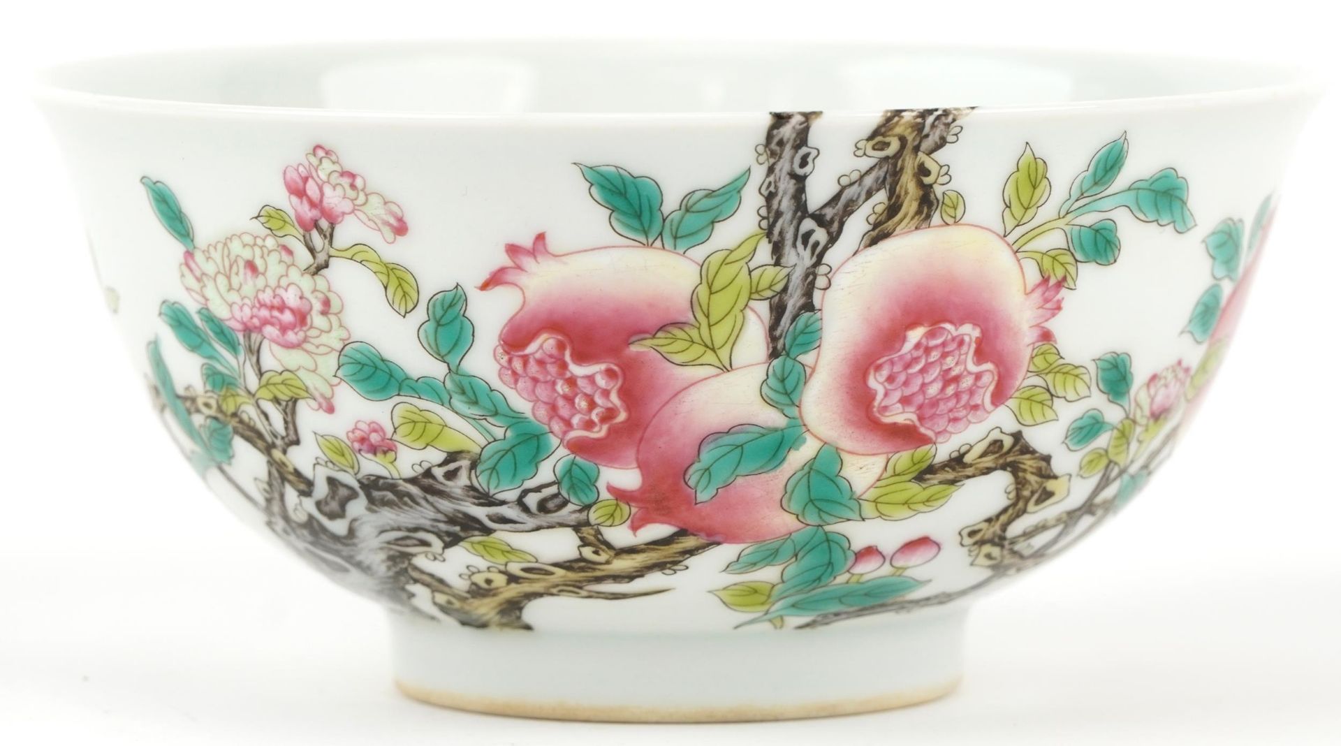 Chinese porcelain bowl hand painted in the famille rose palette with peaches and calligraphy, four