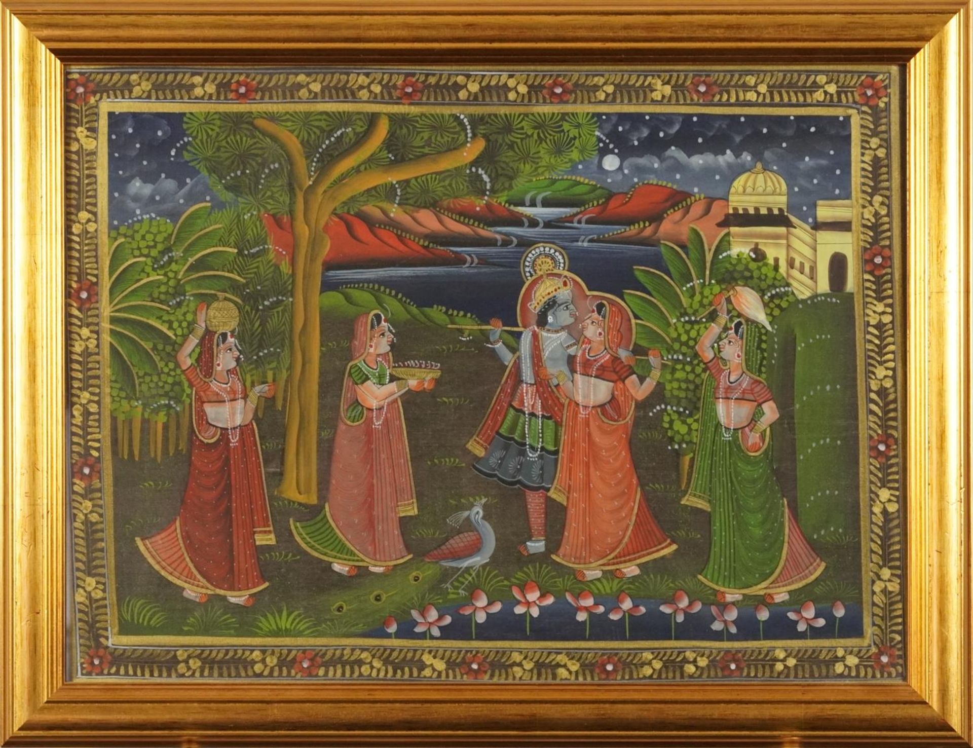 Females and attendants before landscapes, set of three Indian Mughal school watercolours, framed and - Bild 9 aus 10