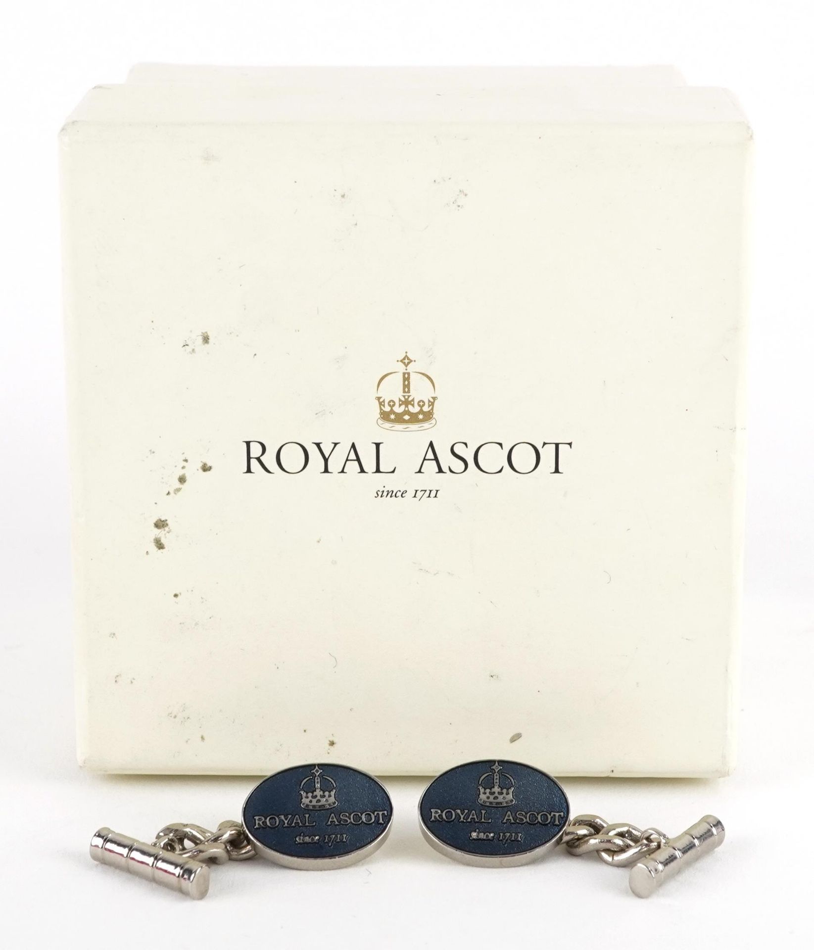 Pair of white metal Royal Ascot cufflinks with box, 1.6cm wide