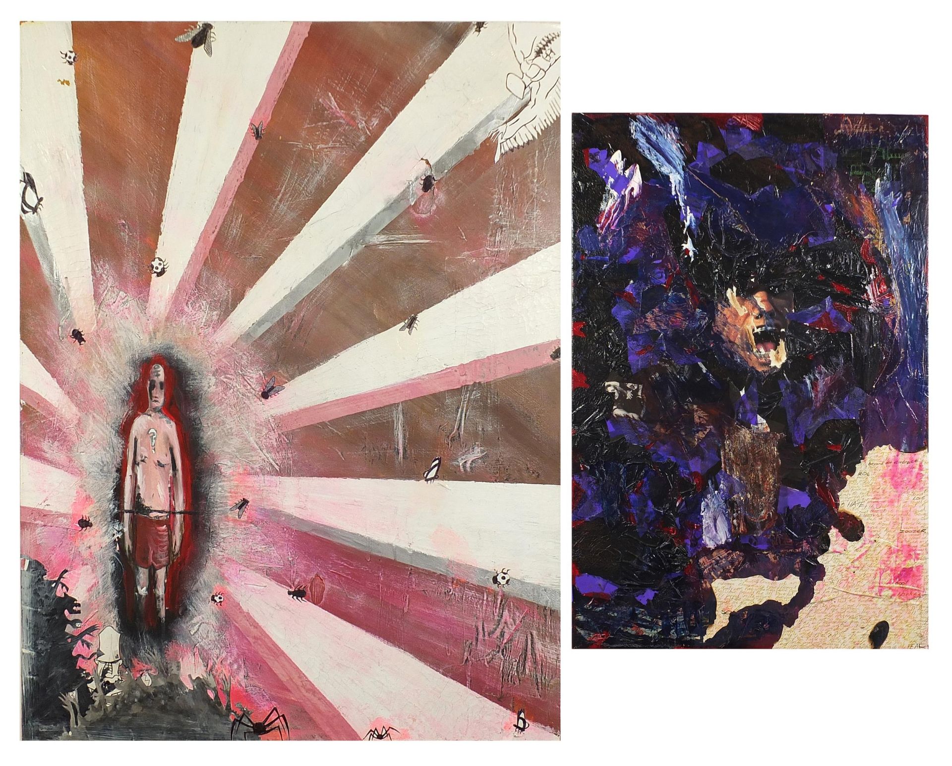 Craig Herbert - Screaming and the Yes, No Man, two contemporary mixed media and collages on