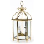 Good quality Gothic style brass hanging three branch lanterns with bevelled glass panels, 58cm high