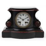 Victorian black slate and red marble mantle clock striking on a gong with circular enamelled dial