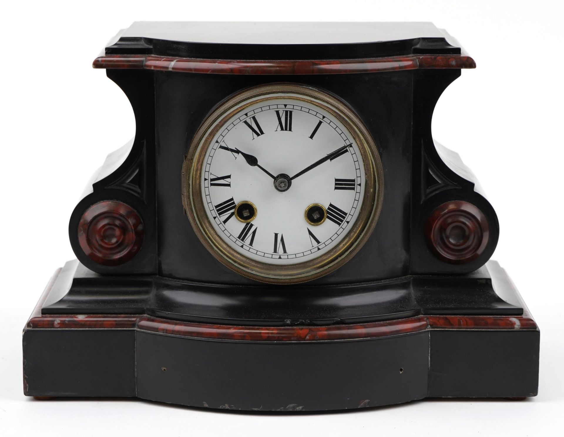 Victorian black slate and red marble mantle clock striking on a gong with circular enamelled dial