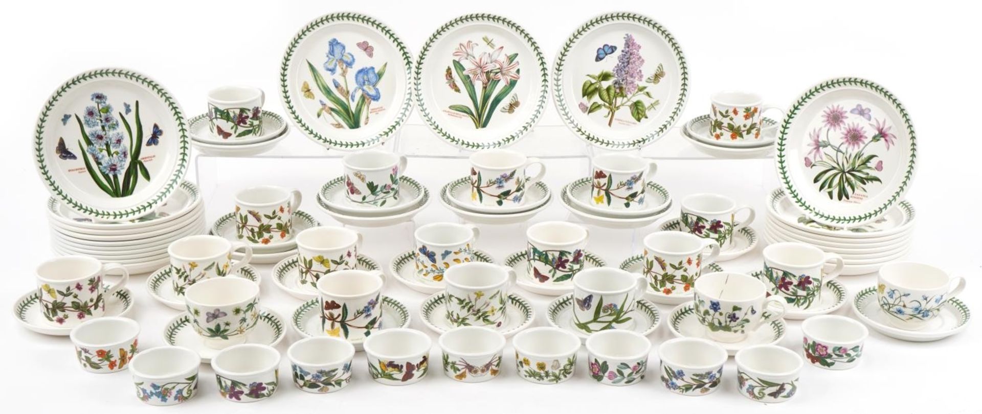 Large collection of Portmeirion Botanic Garden plates, cups with saucers and ramekins, the largest