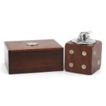 Hans Hansen, Danish rosewood and 925S silver dice table lighter and cigar box, the largest 11cm wide