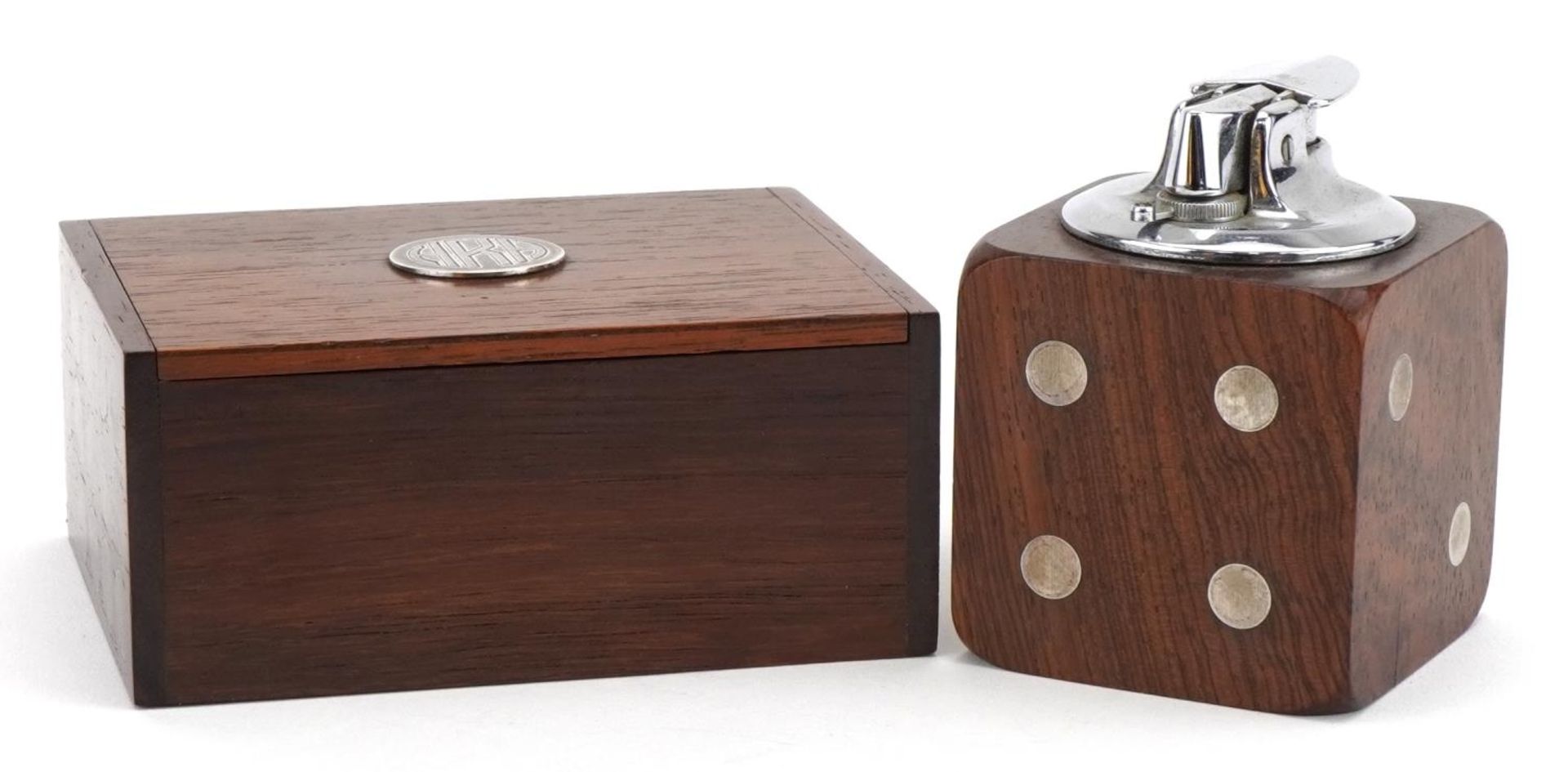 Hans Hansen, Danish rosewood and 925S silver dice table lighter and cigar box, the largest 11cm wide