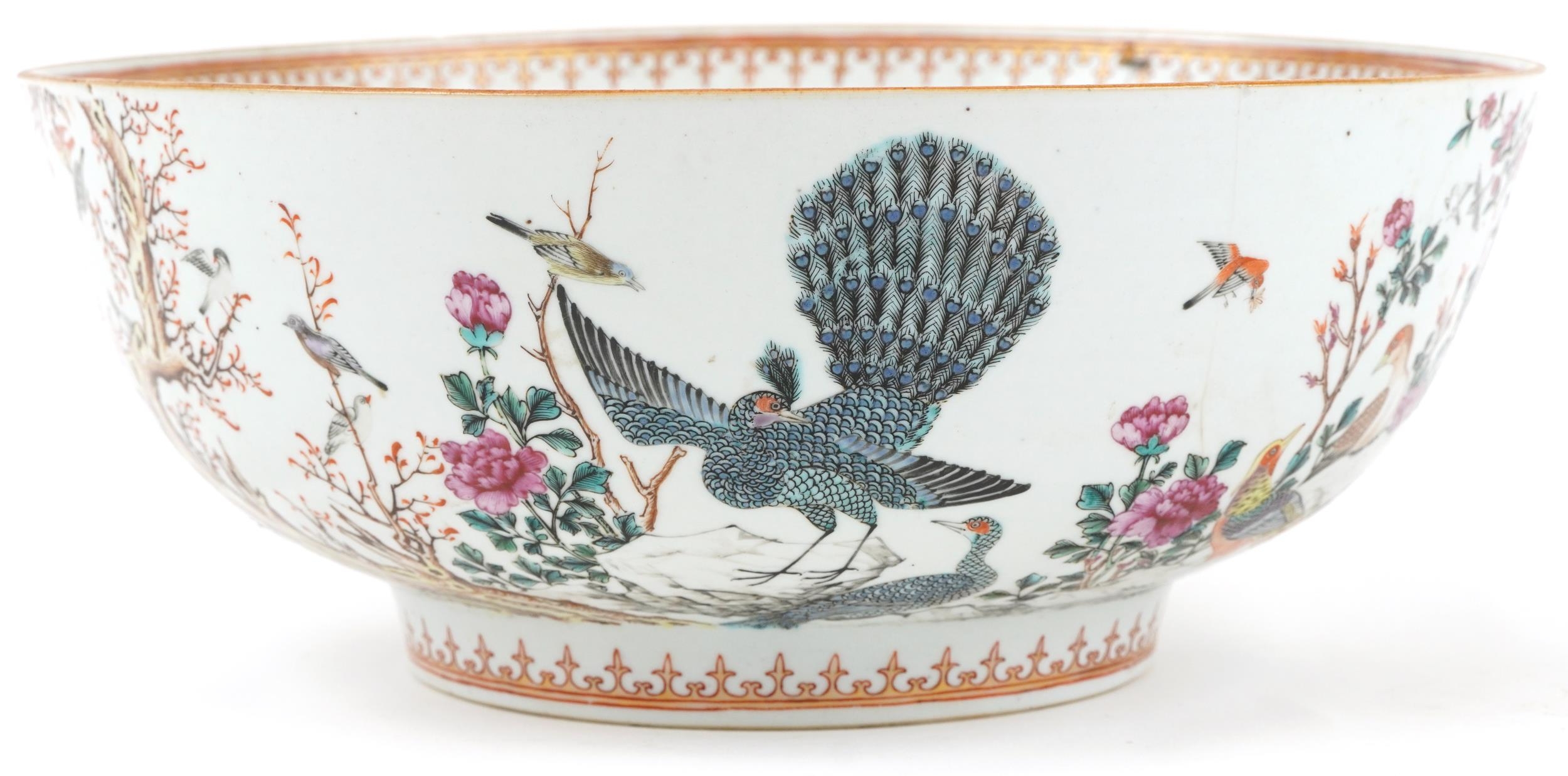 Chinese Mandarin porcelain punch bowl hand painted in the famille rose palette with birds of - Image 2 of 6