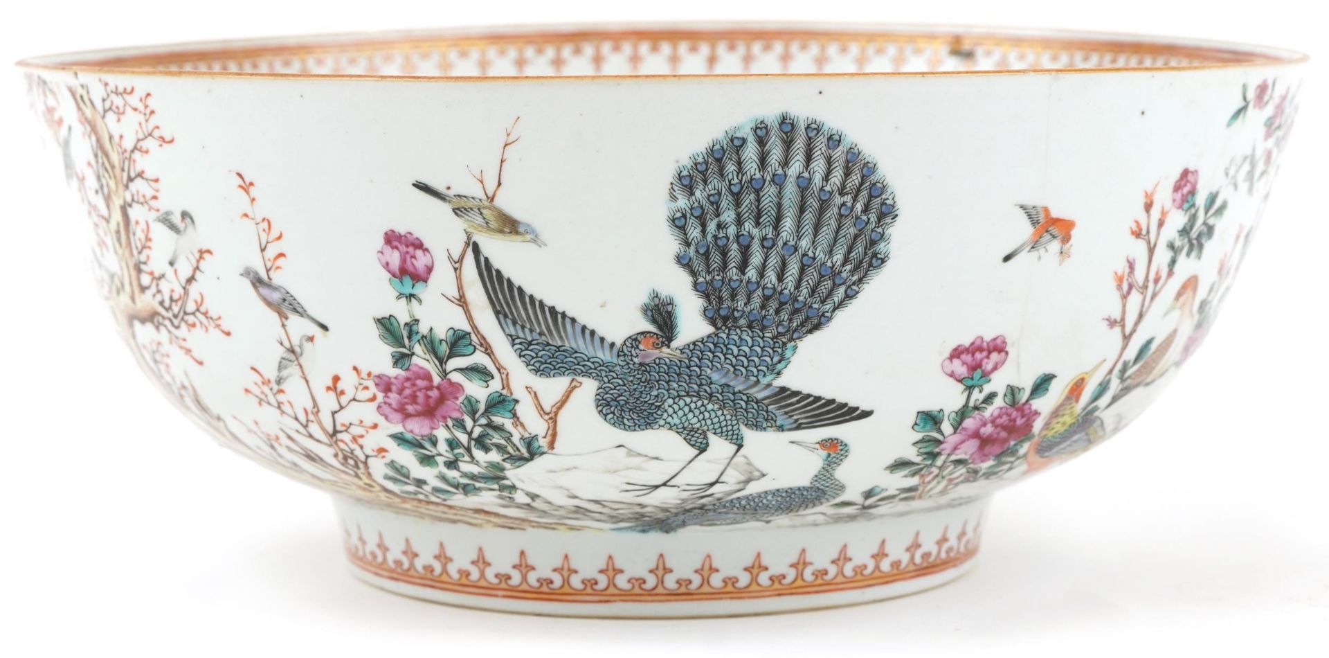 Chinese Mandarin porcelain punch bowl hand painted in the famille rose palette with birds of - Bild 2 aus 6