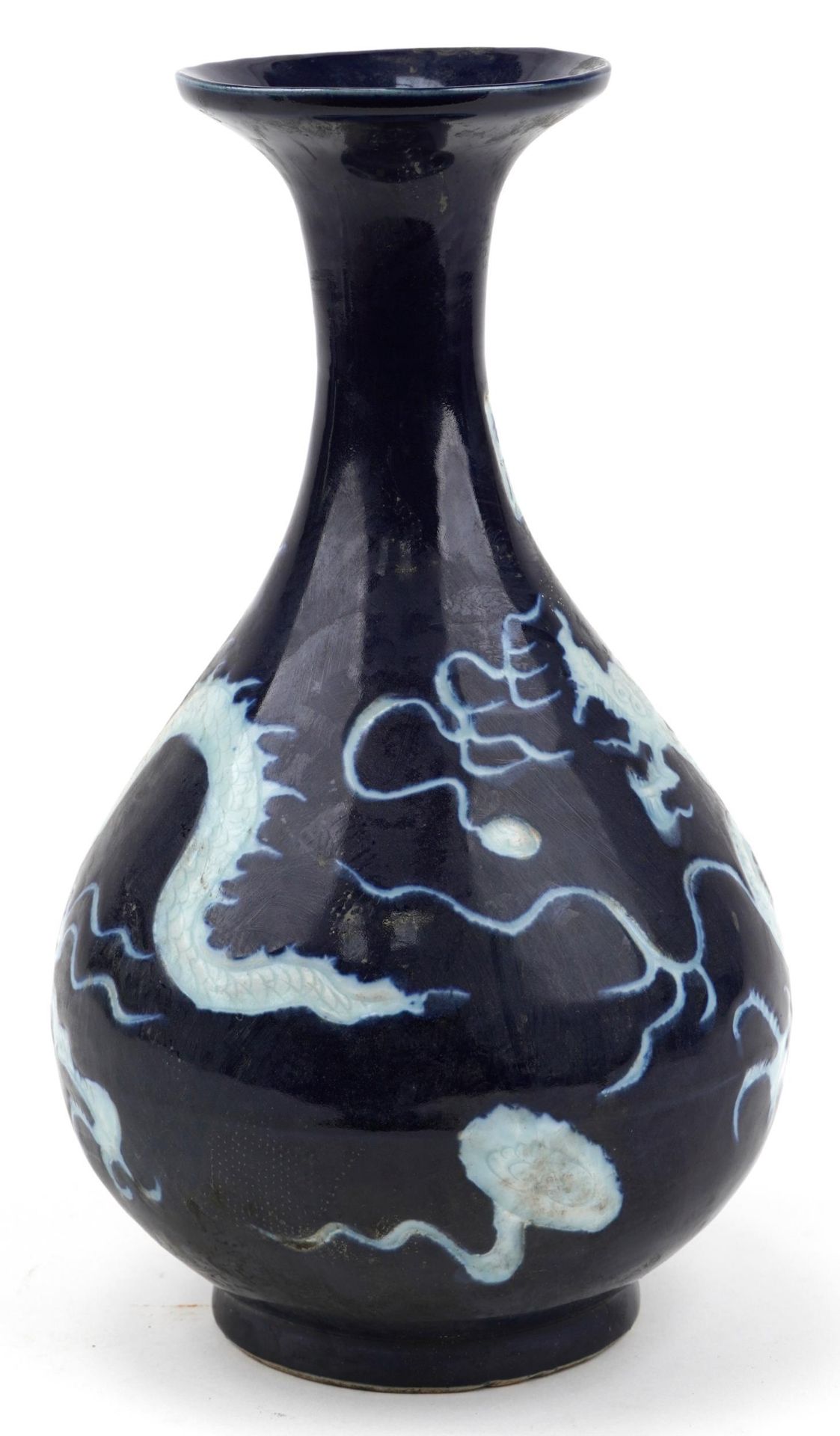 Chinese porcelain vase having a blue glaze decorated in low relief with a dragon chasing the flaming - Image 4 of 7