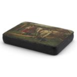 Russian papier mache lacquered cigarette box with hinged lid, hand painted with a Cossack and
