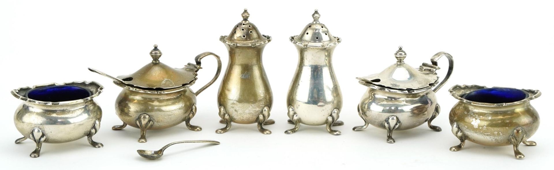 Adie Brothers, George V silver six piece cruet with blue glass liners, Birmingham 1928, the - Image 2 of 8