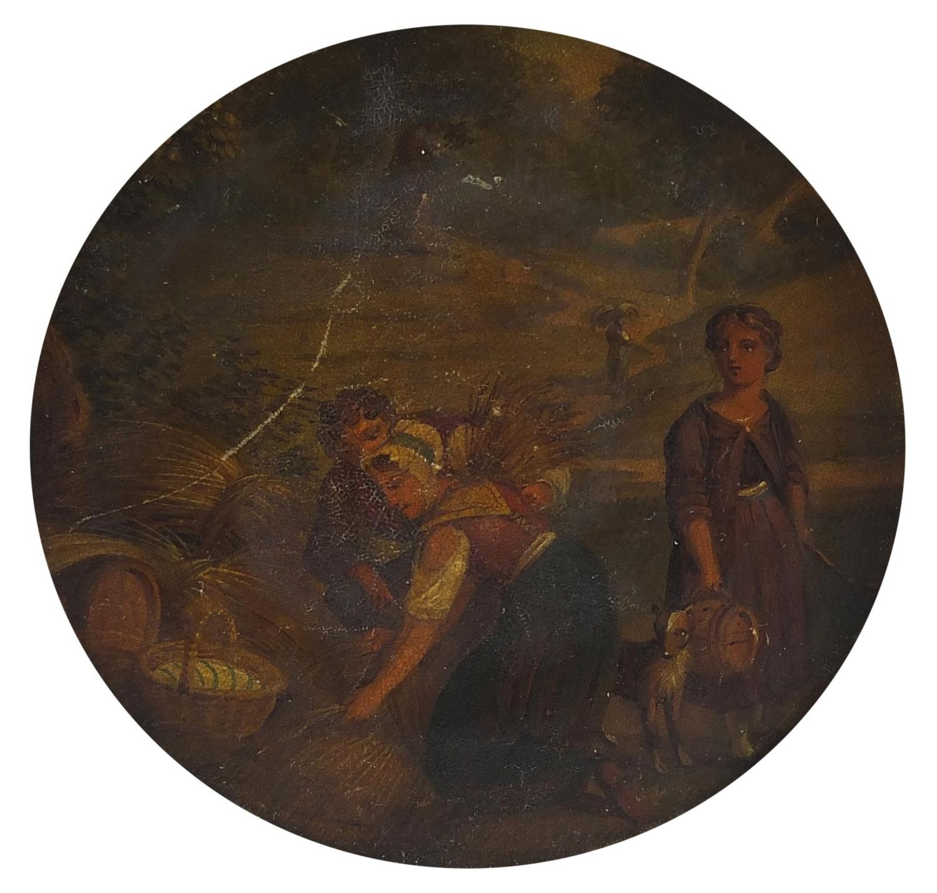 Circular miniature of three figures haymaking with dog, housed in a gilt frame, 8.5cm in diameter - Image 2 of 3