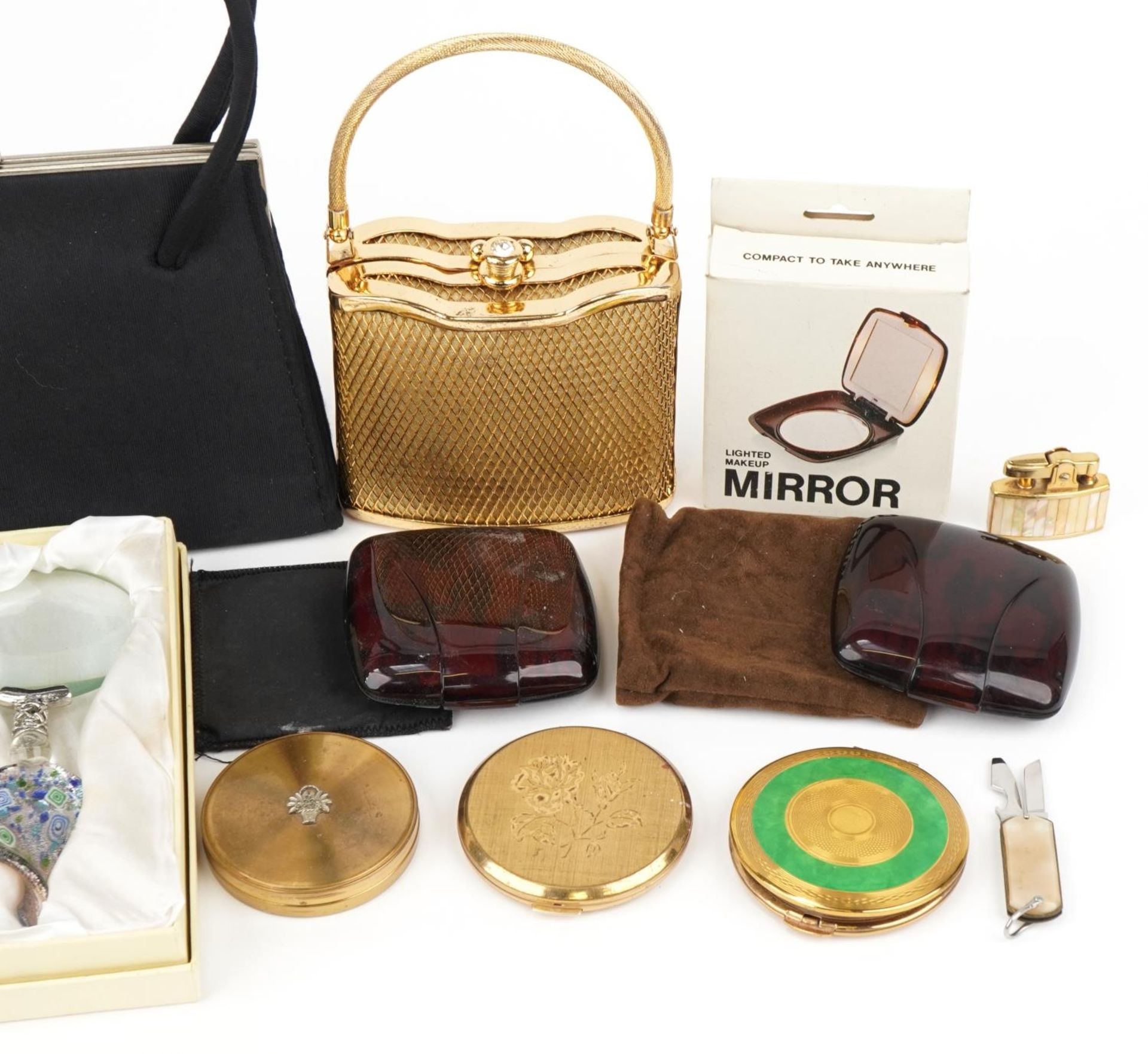 Vintage and later vanity items including compacts, evening bags and scent bottle with white metal - Image 3 of 3