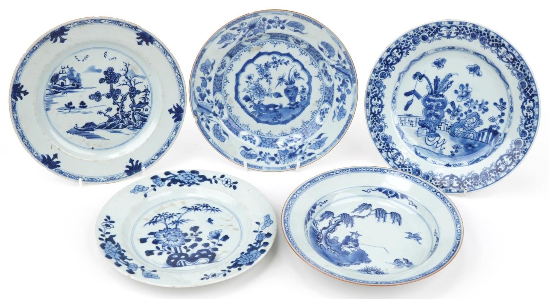 Four Chinese blue and white porcelain plates and a soup bowl hand painted with a fisherman in a