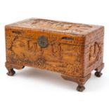 Chinese camphor wood table top chest carved with junks, 25cm H x 40cm W x 23cm D