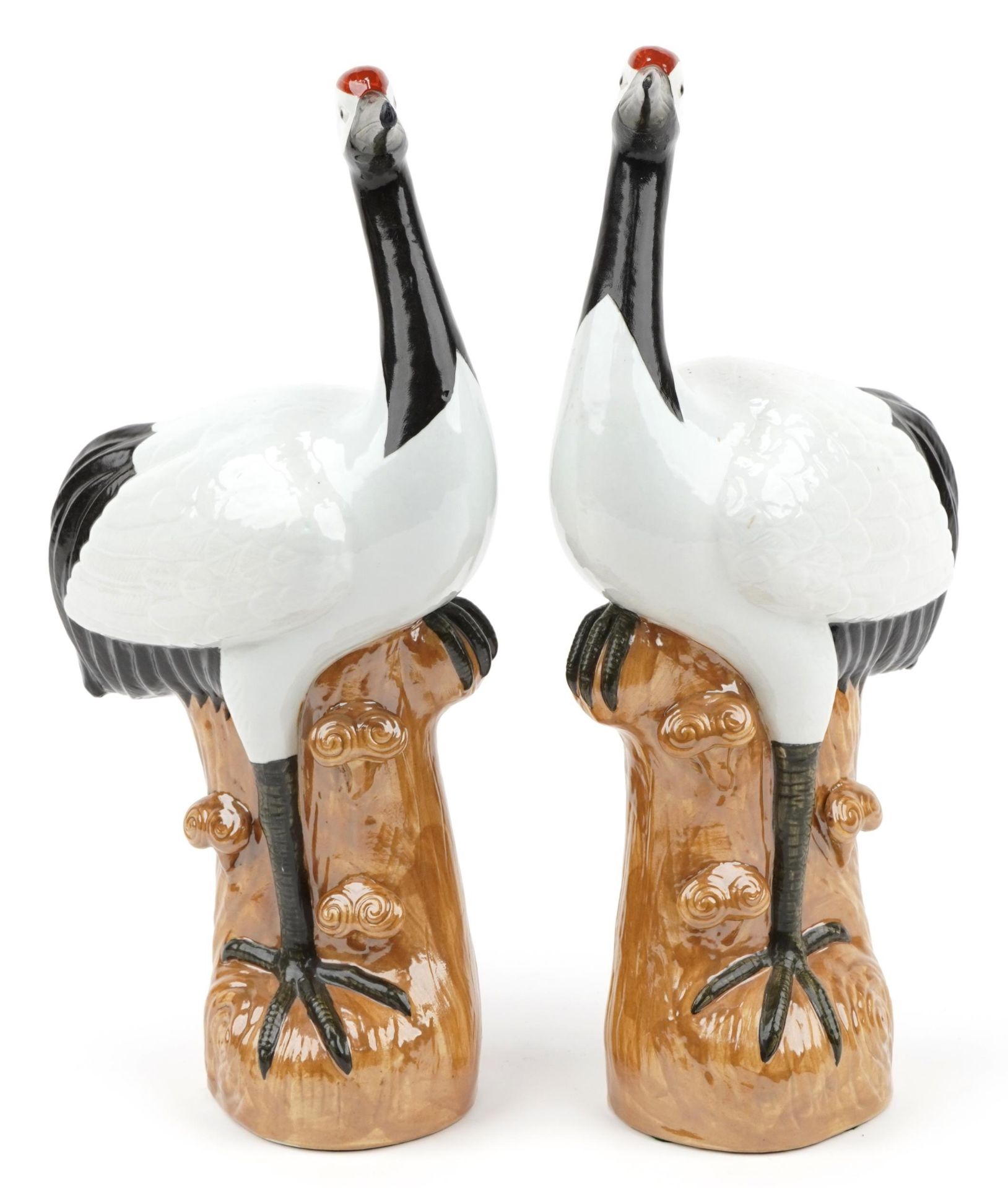 Large pair of Chinese porcelain cranes, impressed character marks to the bases, each 51cm high