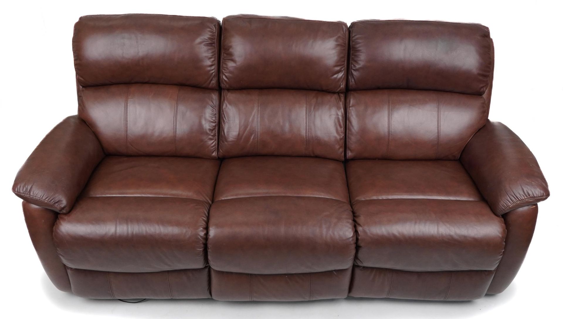 Contemporary brown leather three seater electric reclining sofa with USB charger ports, 205cm in - Image 2 of 3