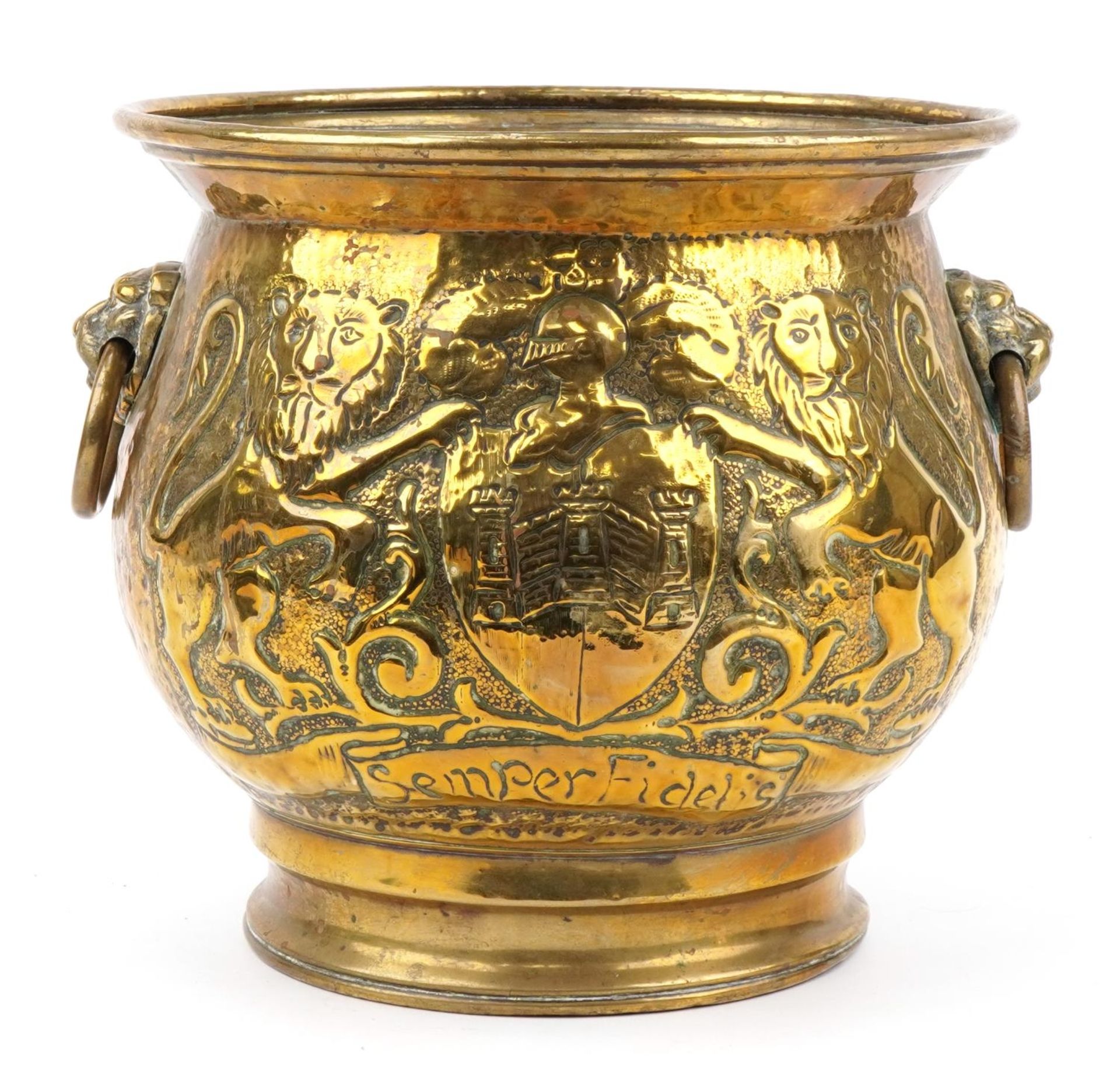 Early Victorian log bucket with ring turned lion head handles having embossed coat of arms with - Image 4 of 6