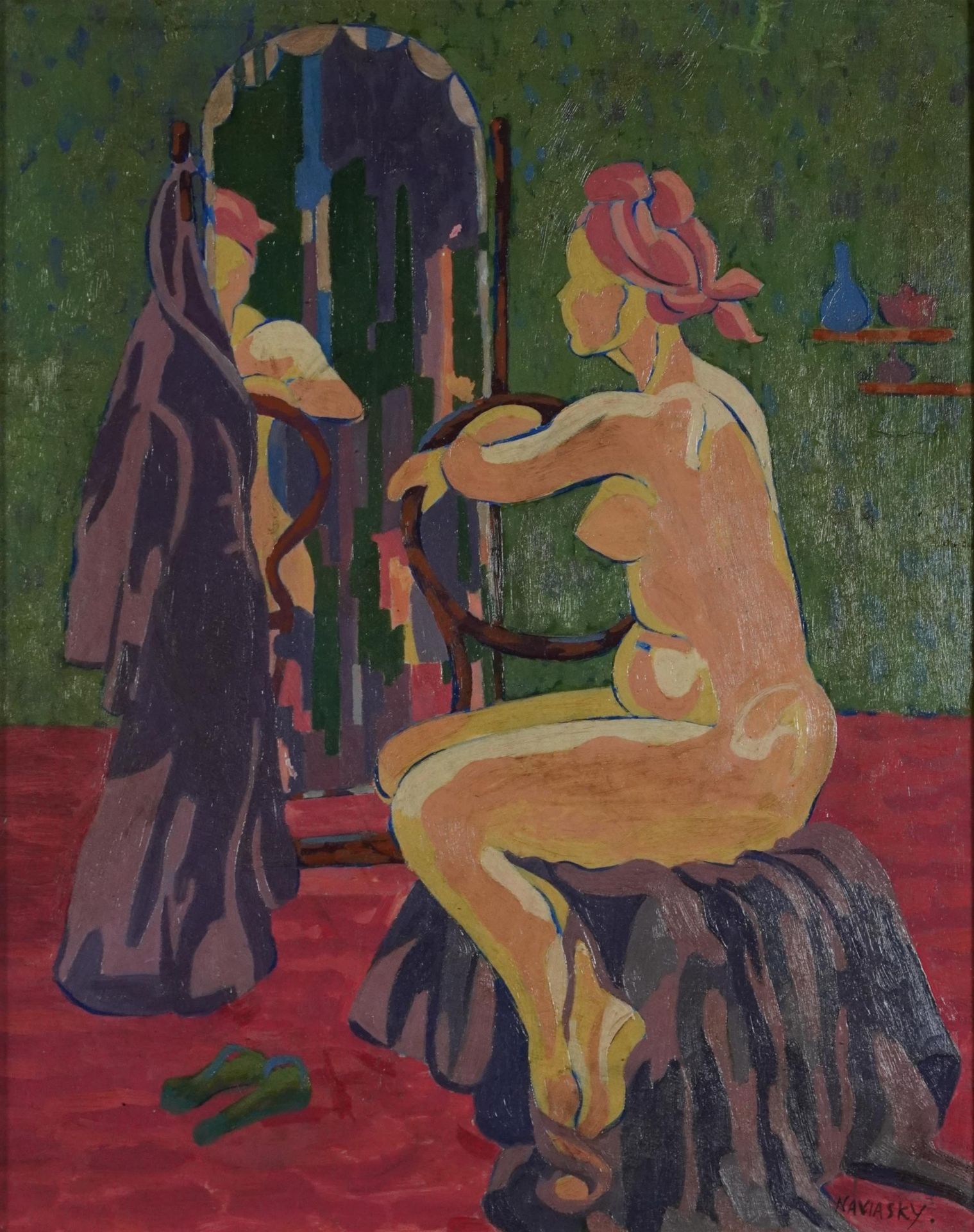 Manner of Philip Naviasky - Seated nude female in an interior, oil on board, mounted and framed,