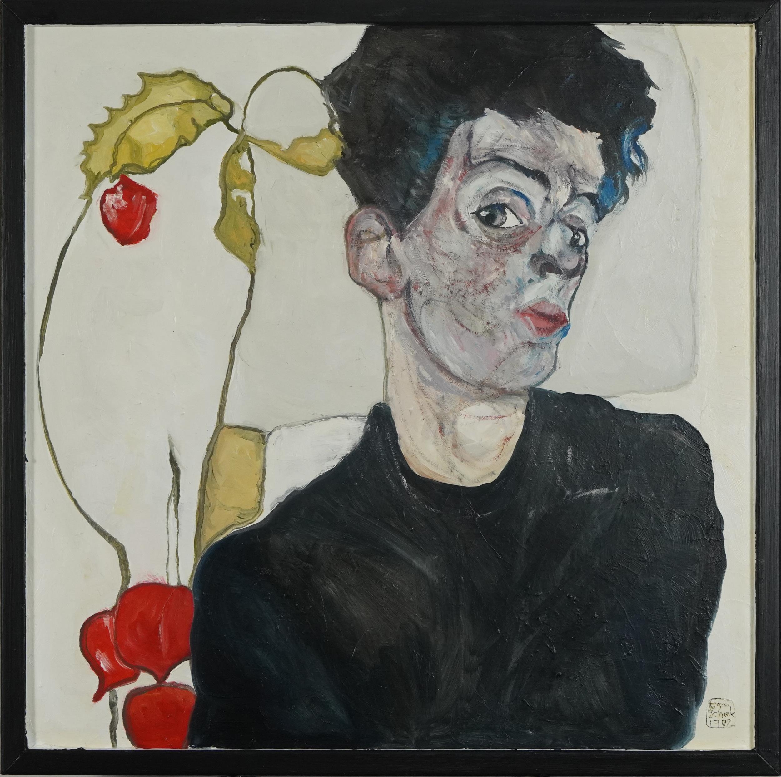 Clive Fredriksson, in the manner of Egon Schiele - Portrait with Chinese lantern, oil on board, - Image 4 of 8