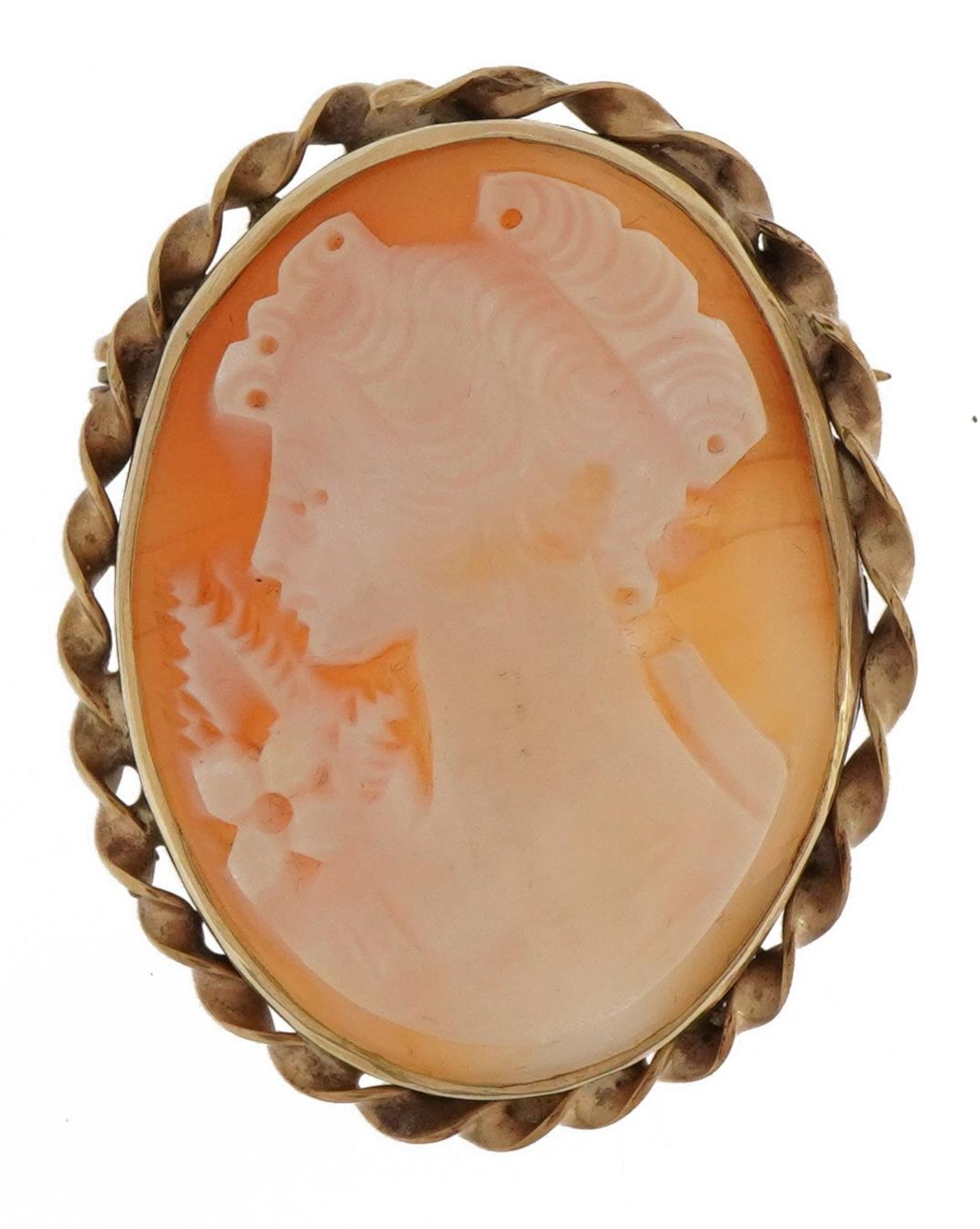 9ct gold mounted cameo maiden head brooch, 3.7cm high, 8.8g