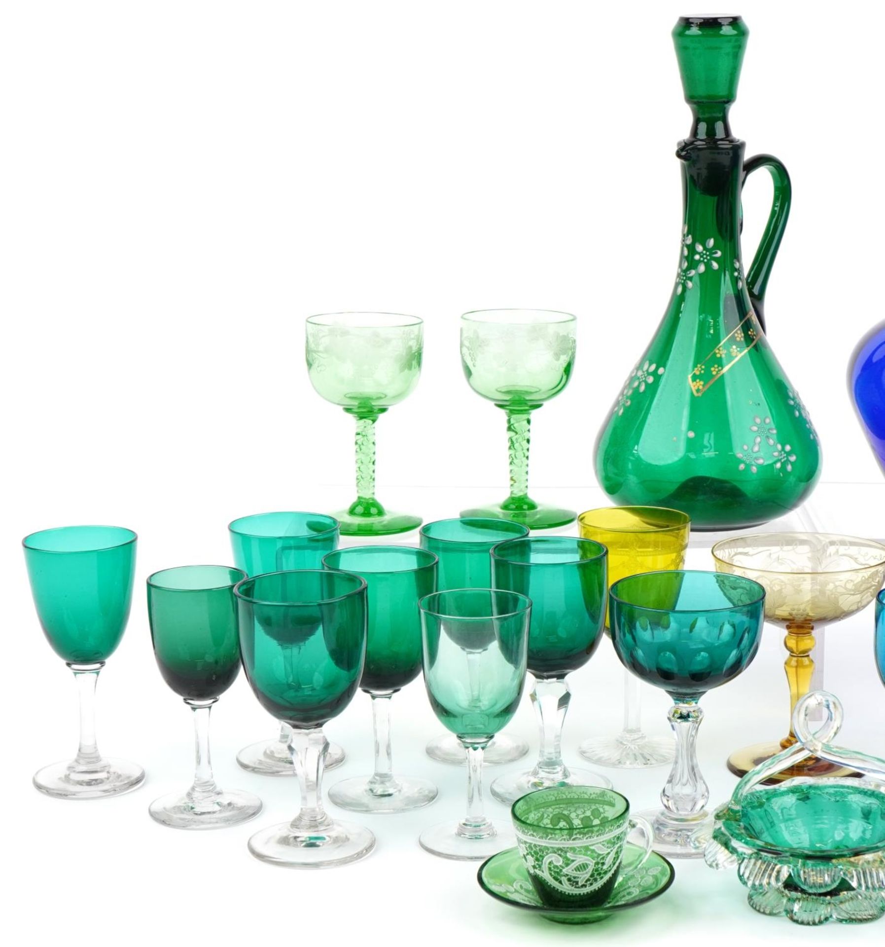Early 19th century and later glassware including Bristol blue jug, green claret jug enamelled with - Image 2 of 3