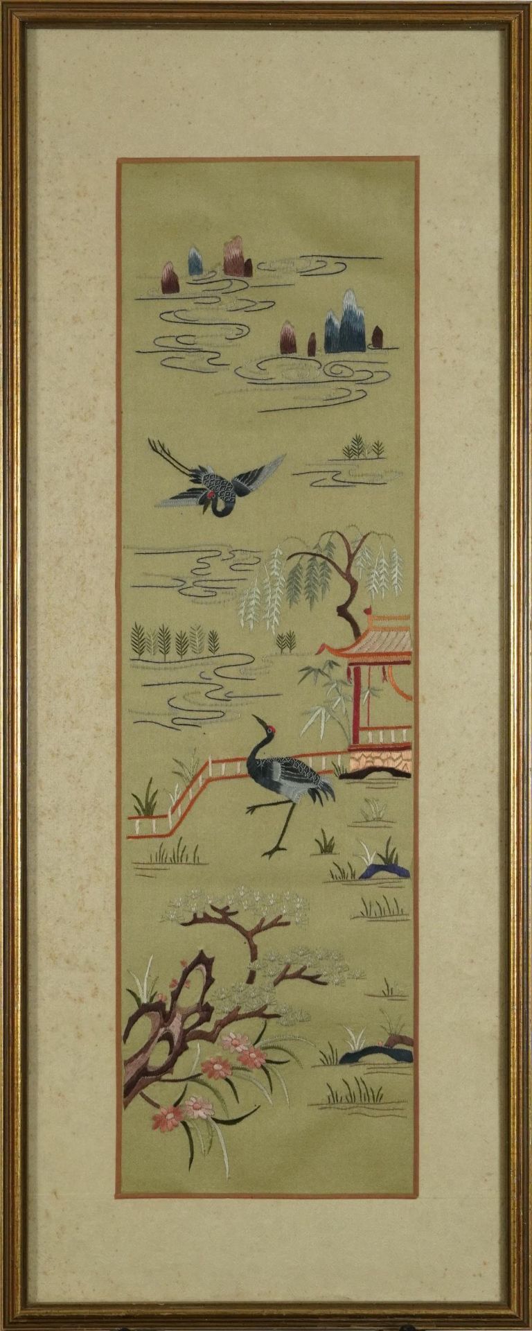 Flowers, pagodas and cranes, Chinese silk embroidery, mounted, framed and glazed, 51cm x 15cm - Image 2 of 3