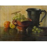 May Palmer - Still life with grapes, oil on board, chalk marks and details verso, mounted and