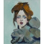 Clive Fredriksson - Portrait of a female wearing a feather boa, oil on board, mounted and framed,