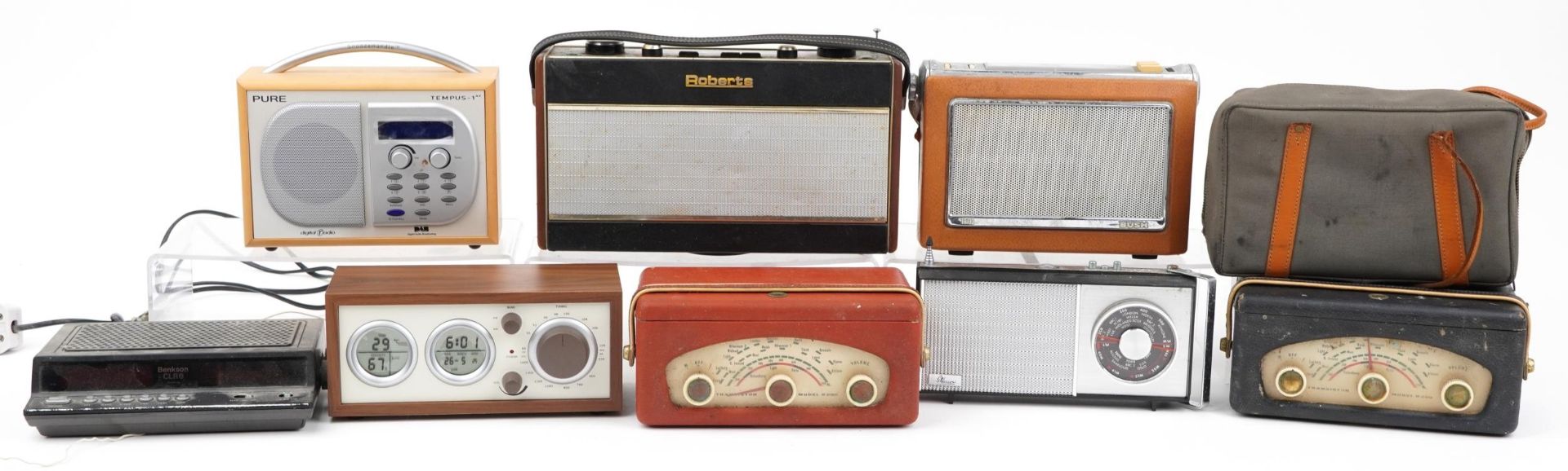 Collection of vintage and later radios including Roberts, Benkson and Bush, the largest 31cm wide