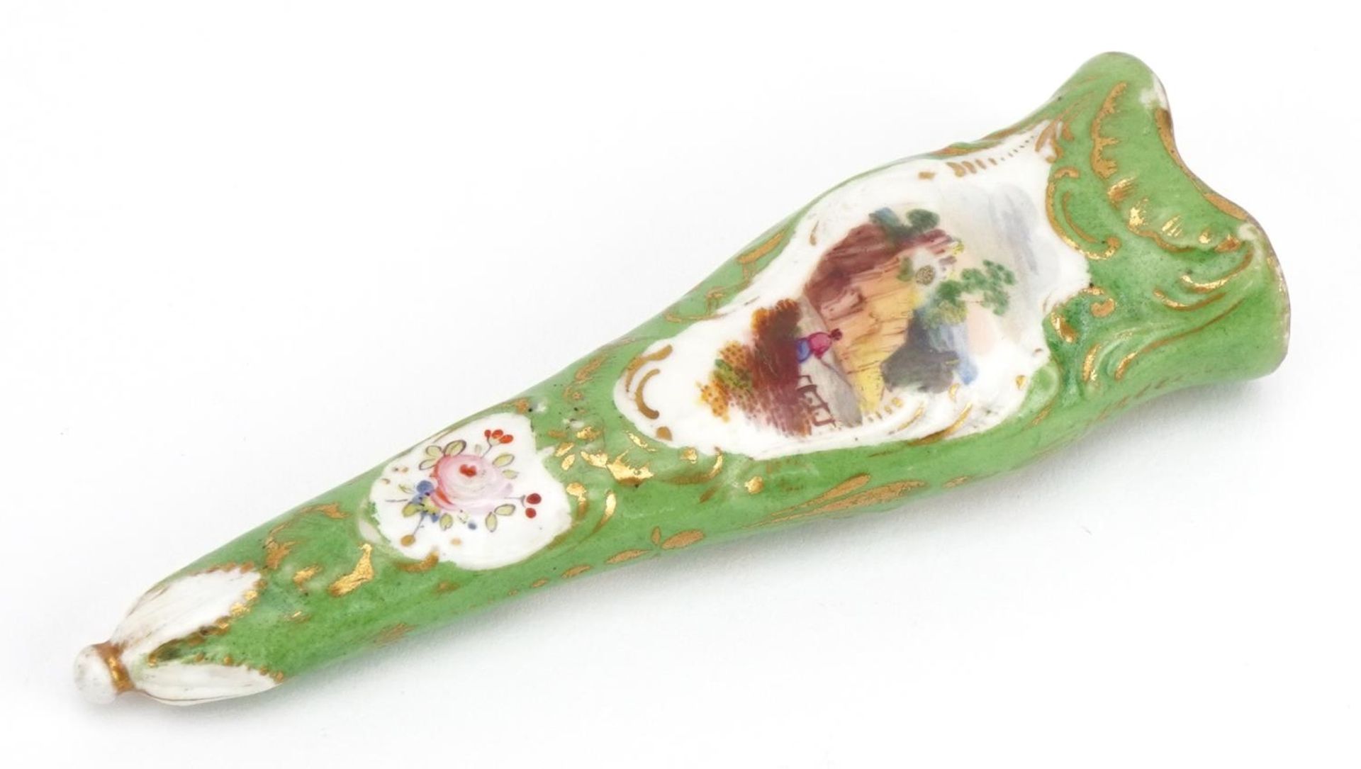 Early 19th century Staffordshire scissor sheath hand painted with pastoral scene and flowers, 9cm in