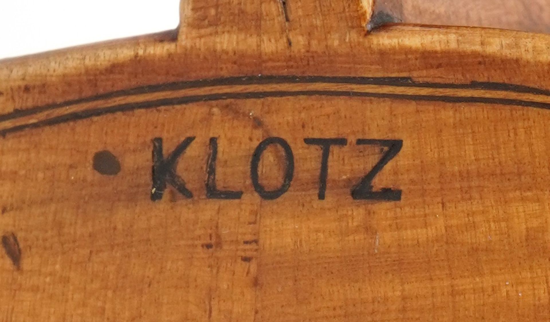 Old wooden violin with bow and protective case, the violin back impressed Klotz and 14 inches in - Image 7 of 12