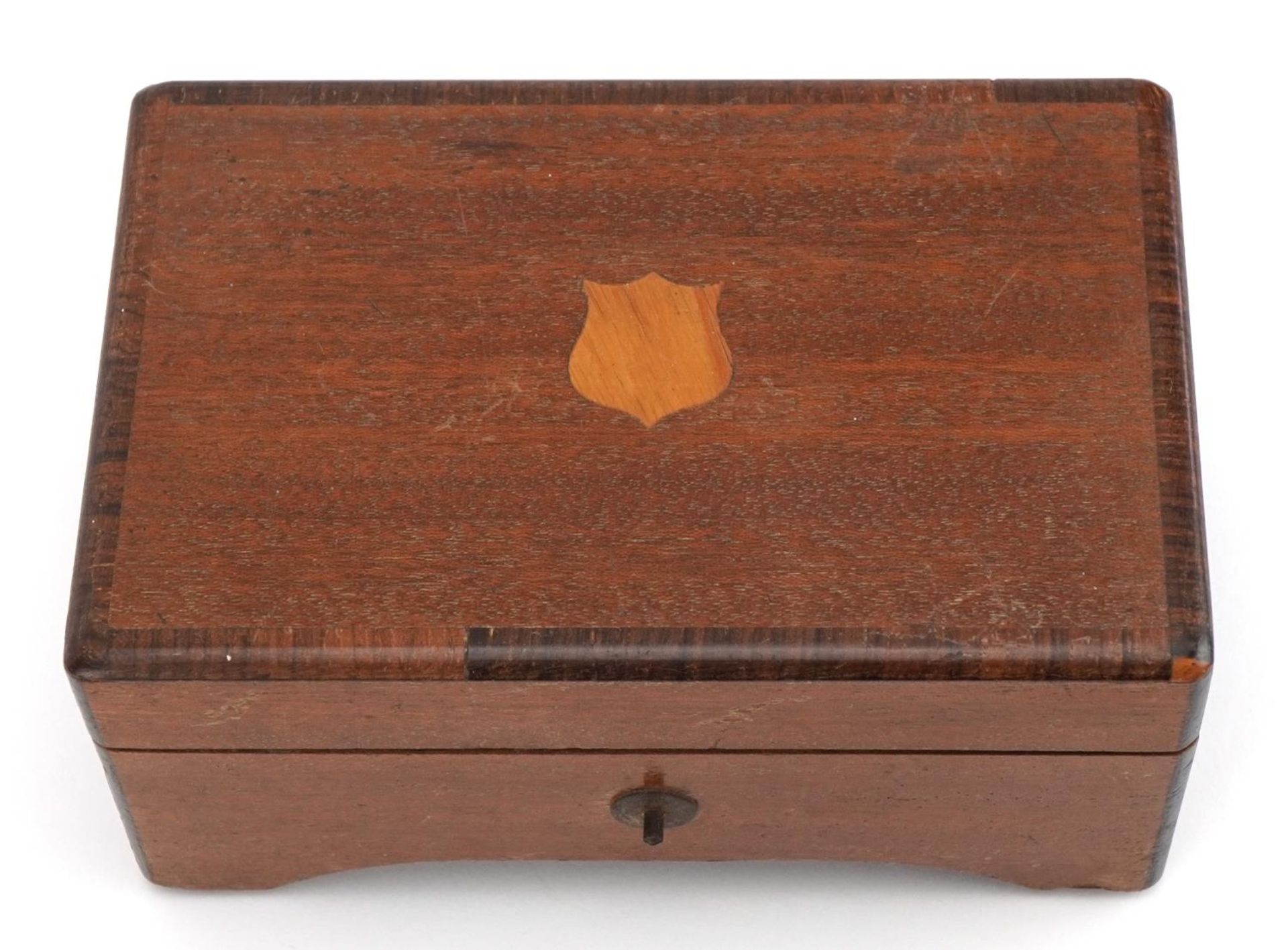Swiss inlaid mahogany music box with 2.5 inch brass cylinder playing three tunes, 7cm H x 13.5cm W x - Bild 8 aus 12