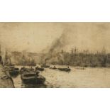 William Lionel Wyllie - Ships and Barges on The River Tyne, pencil signed etching, mounted, framed