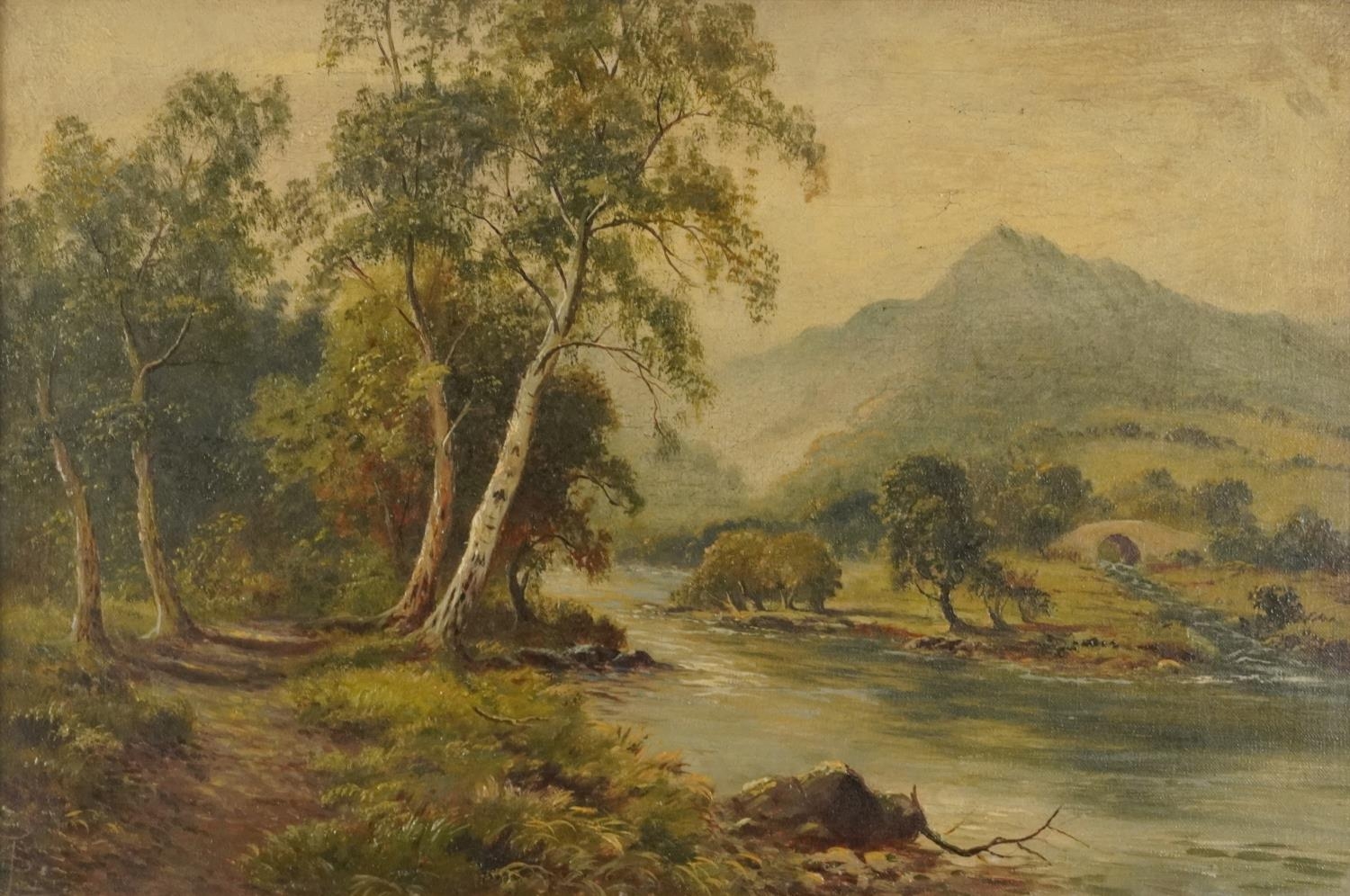 River landscape with woodland and bridge, 19th century oil, indistinctly monogrammed, possibly F - Image 2 of 8