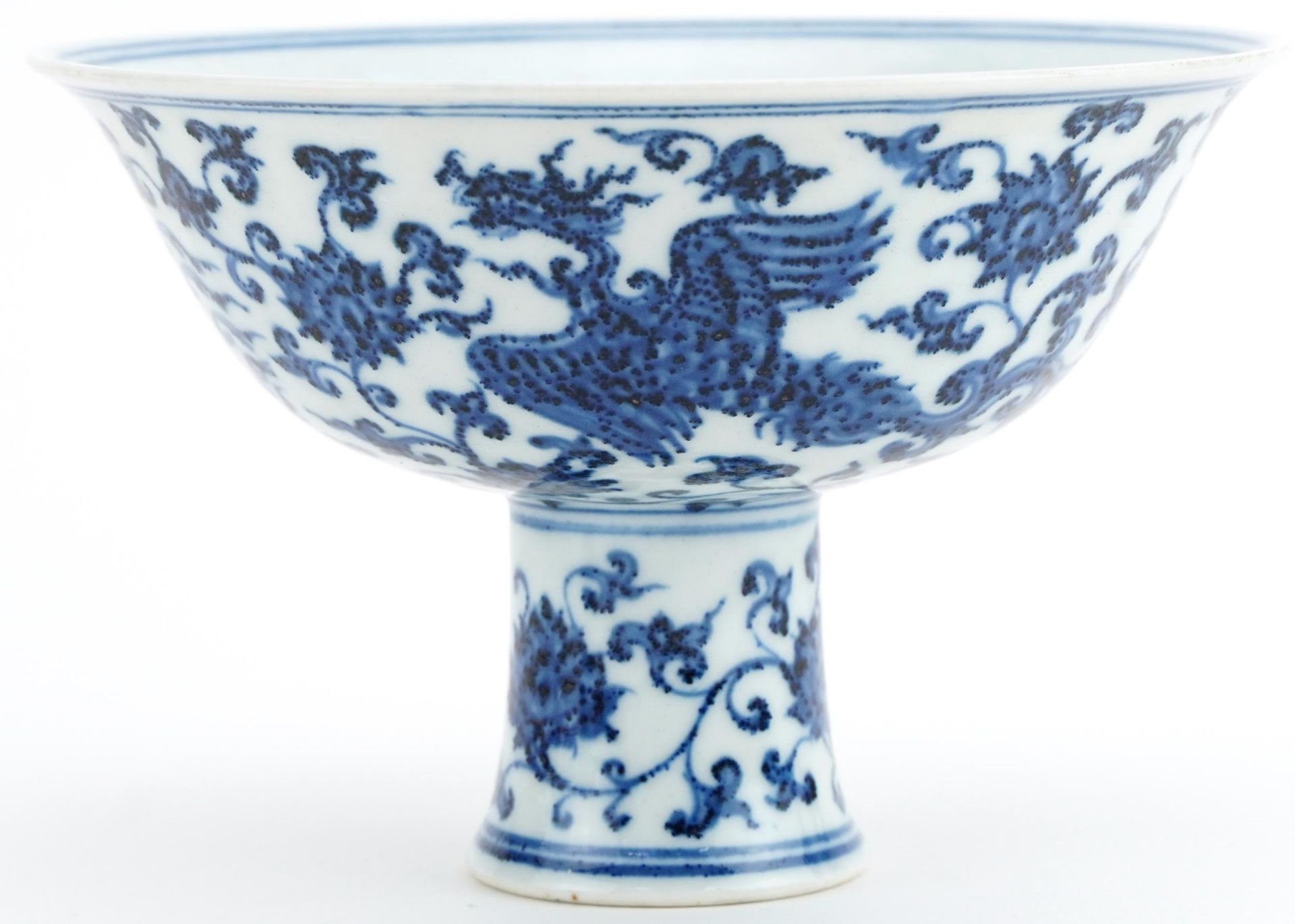 Chinese blue and white porcelain stem bowl hand painted with phoenixes amongst flowers, 10.5cm