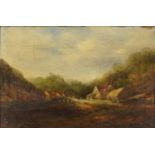 Village landscape with thatched cottages and bridge above water, 19th century oil on canvas,