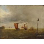 Sailing boats beside figures on a jetty, 19th century oil on canvas, Winsor & Newton London stamp