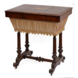 Victorian walnut workbox, the crossbanded lift up top with floral inlaid panel on fluted legs,