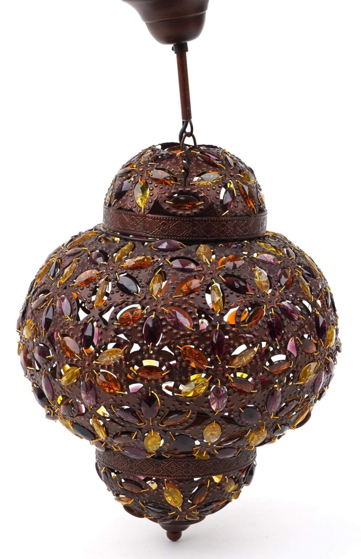 Pair of Moroccan bronzed light pendants with coloured glass beads, 50cm high - Image 3 of 12