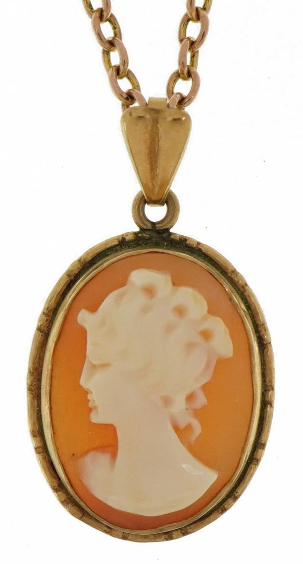 9ct gold mounted cameo maiden head pendant on 9ct gold Belcher link necklace, 3.0cm high and 60cm in