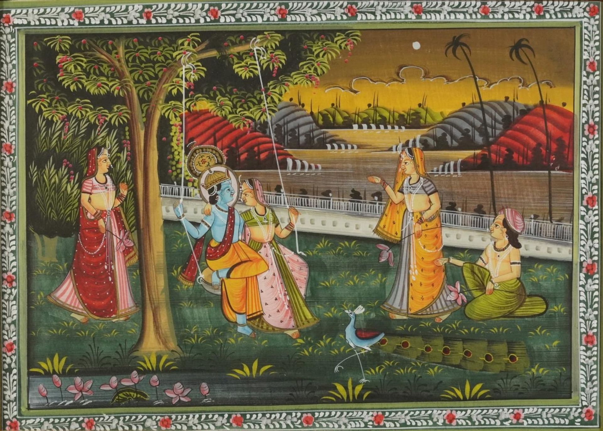 Females and attendants before landscapes, set of three Indian Mughal school watercolours, framed and - Bild 2 aus 10