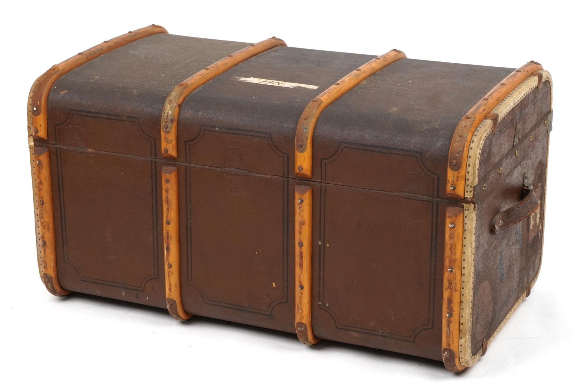 Vintage wooden bound trunk with Fabrica Suisse label, 46cm H x 87cm W x 51cm D - Image 3 of 3