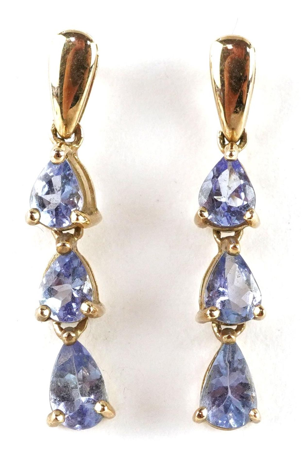 Pair of 9ct gold tanzanite teardrop earrings, 2.1cm high, 1.3g